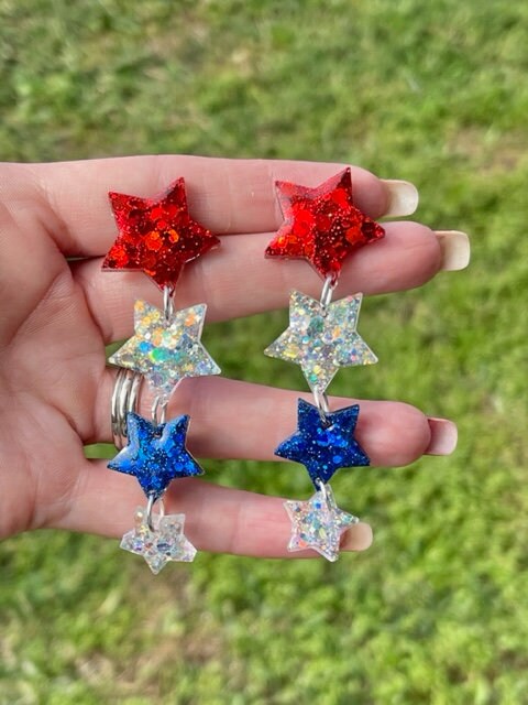 Red, white and blue Dangle Star glitter resin earrings