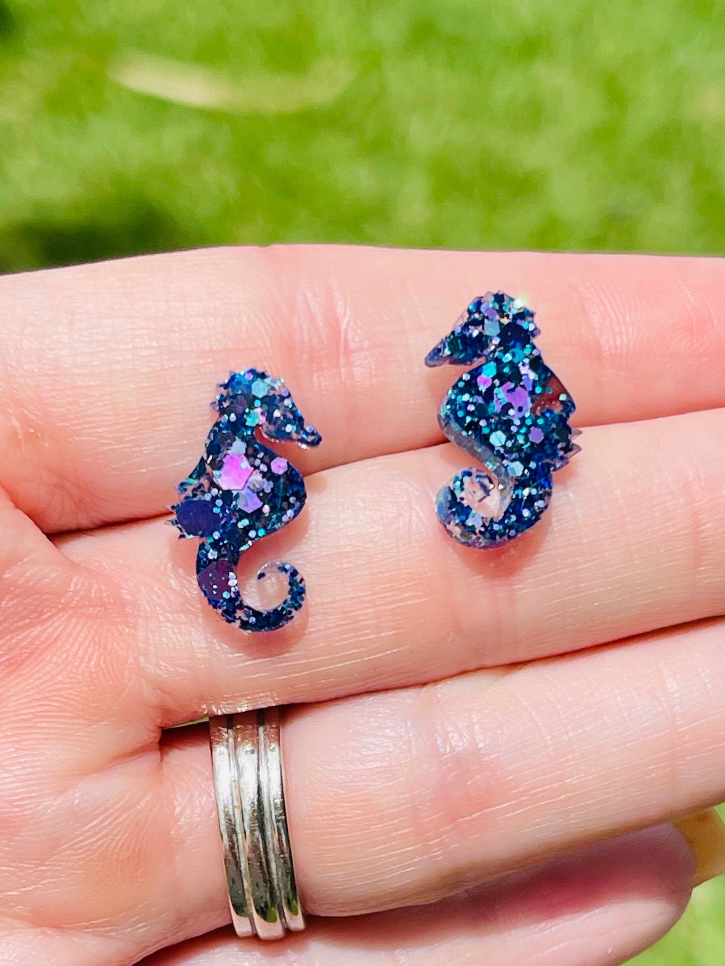 Sparkly Seahorse glitter resin stud earrings