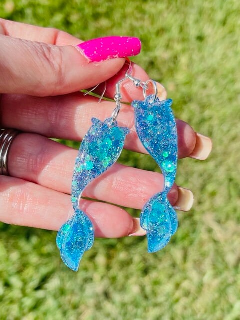 Sparkly Mermaid tail glitter resin earrings