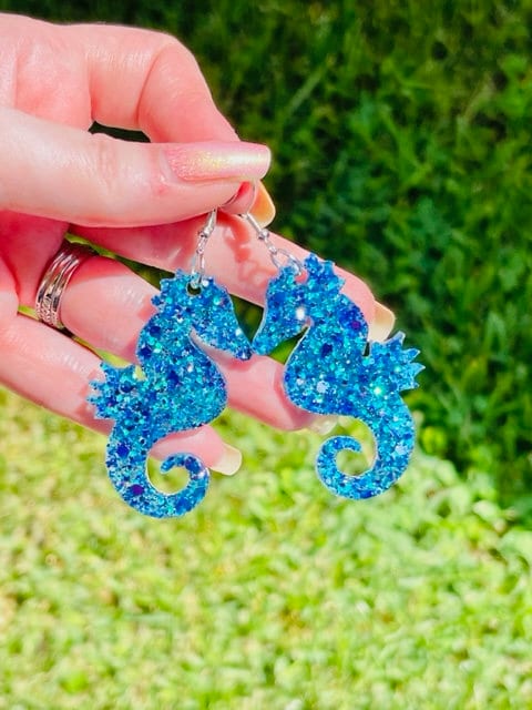 Sparkly Seahorse glitter resin earrings
