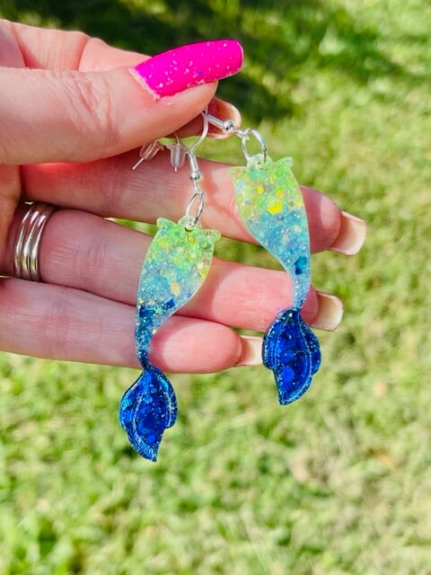 Sparkly Mermaid tail glitter resin earrings