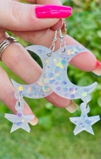 Moon and star glitter resin earrings