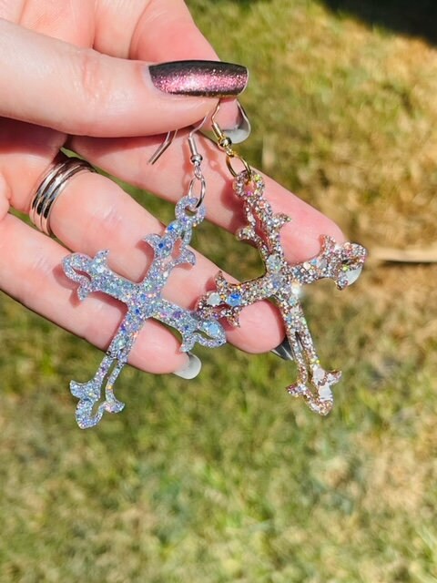 Ornate Cross glitter resin earrings