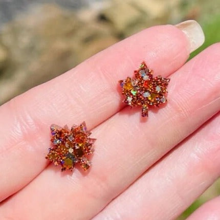 Sparkly fall resin stud earrings - Multiple colors - leaf studs - handmade jewelry