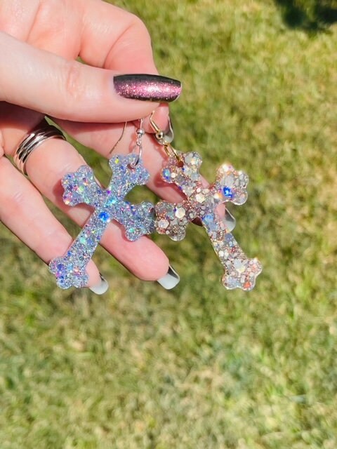 Ornate Cross glitter resin earrings