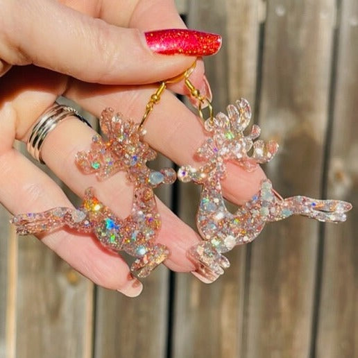 Deer glitter resin earrings - gold or silver Christmas deer earrings