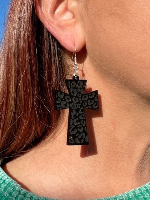 Leopard print cross earrings