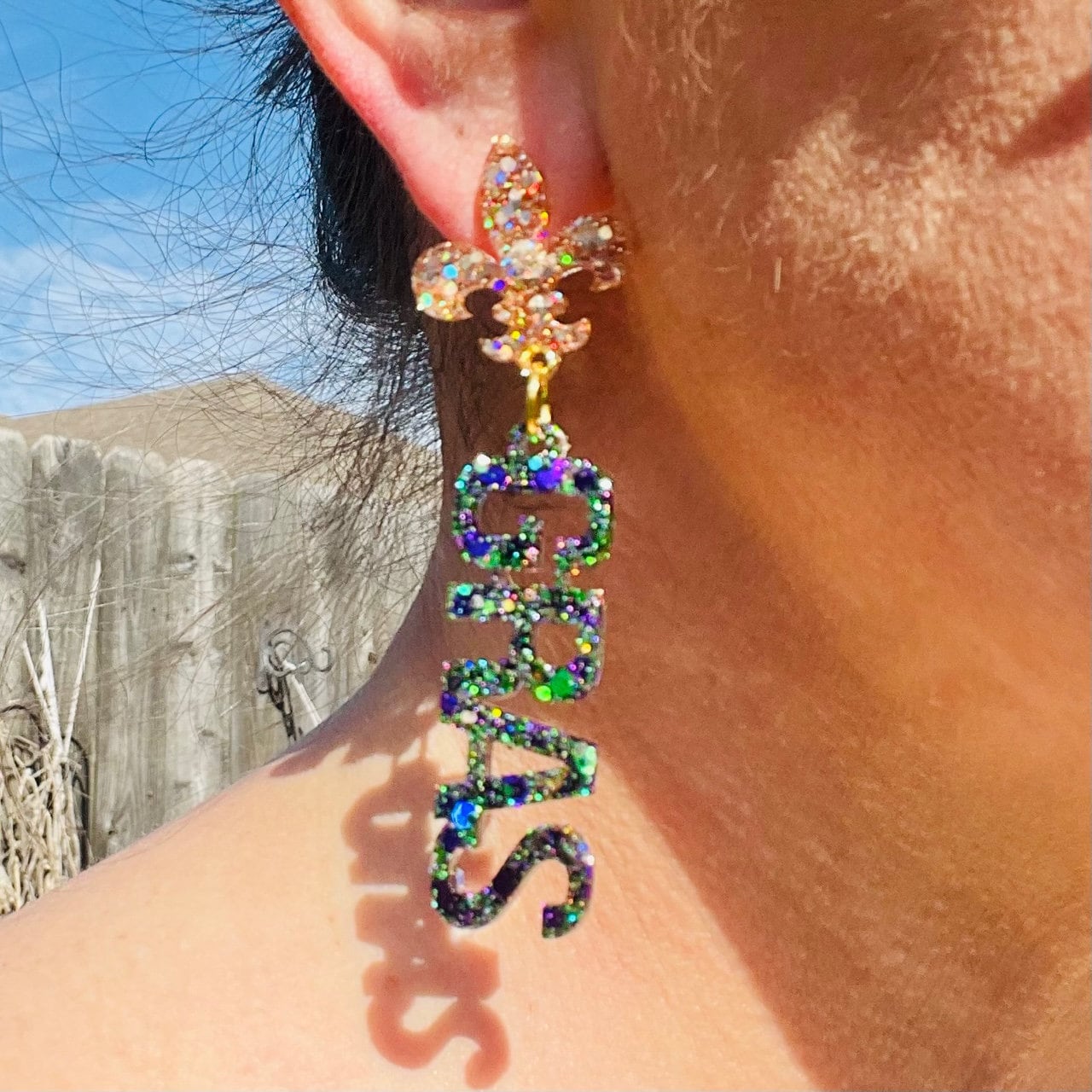 Mardi Gras resin earrings with Fleur de Lis top - hand made Fat Tuesday - handcrafted