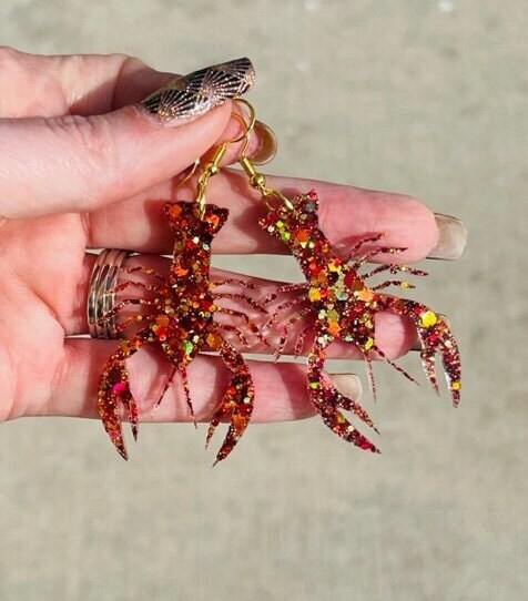 Crawfish glitter resin dangle earrings