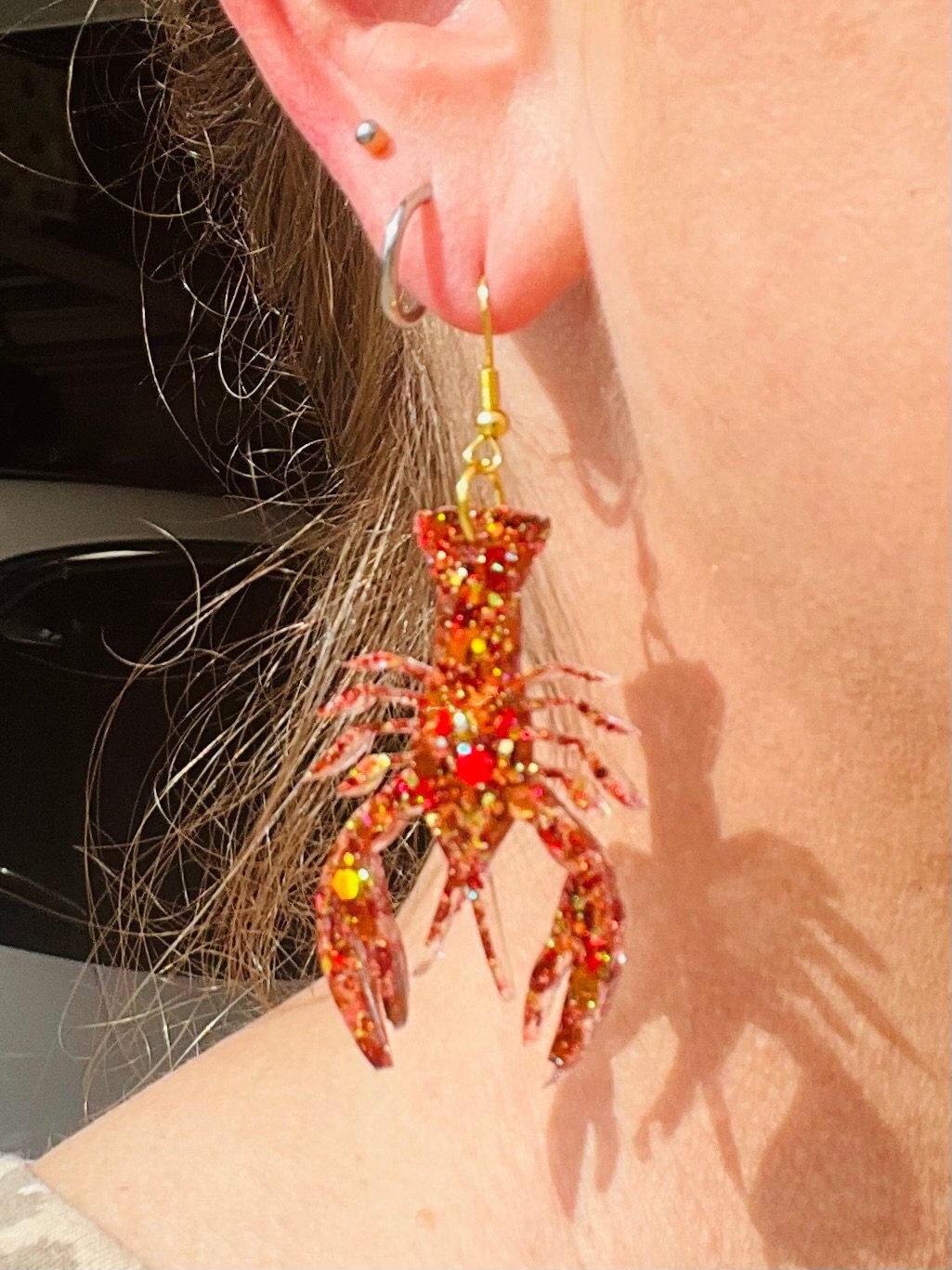 Crawfish glitter resin dangle earrings