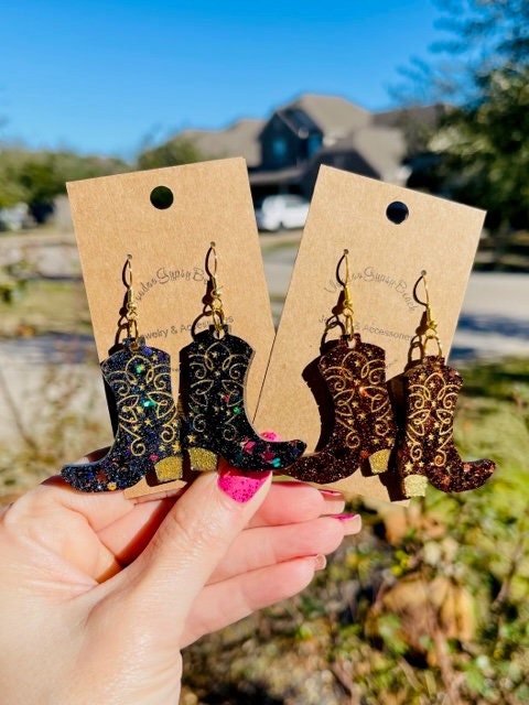 Cowboy boot glitter resin earrings