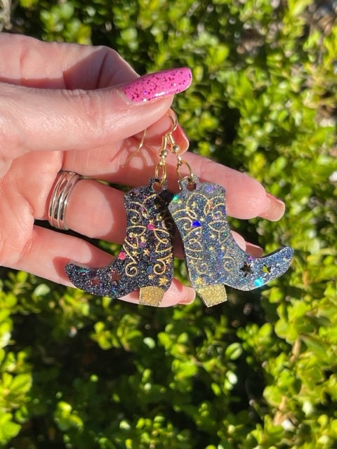 Cowboy boot glitter resin earrings