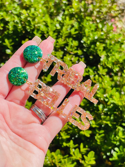 Santa Fe High School Tribal Belles drill team glitter resin word earrings