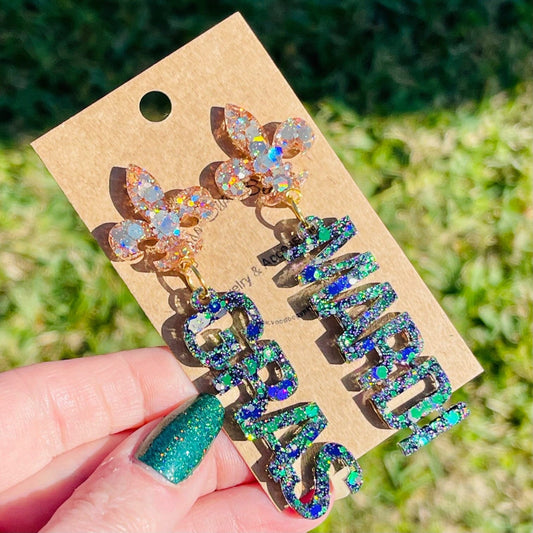 Mardi Gras resin earrings with Fleur de Lis top - hand made Fat Tuesday - handcrafted