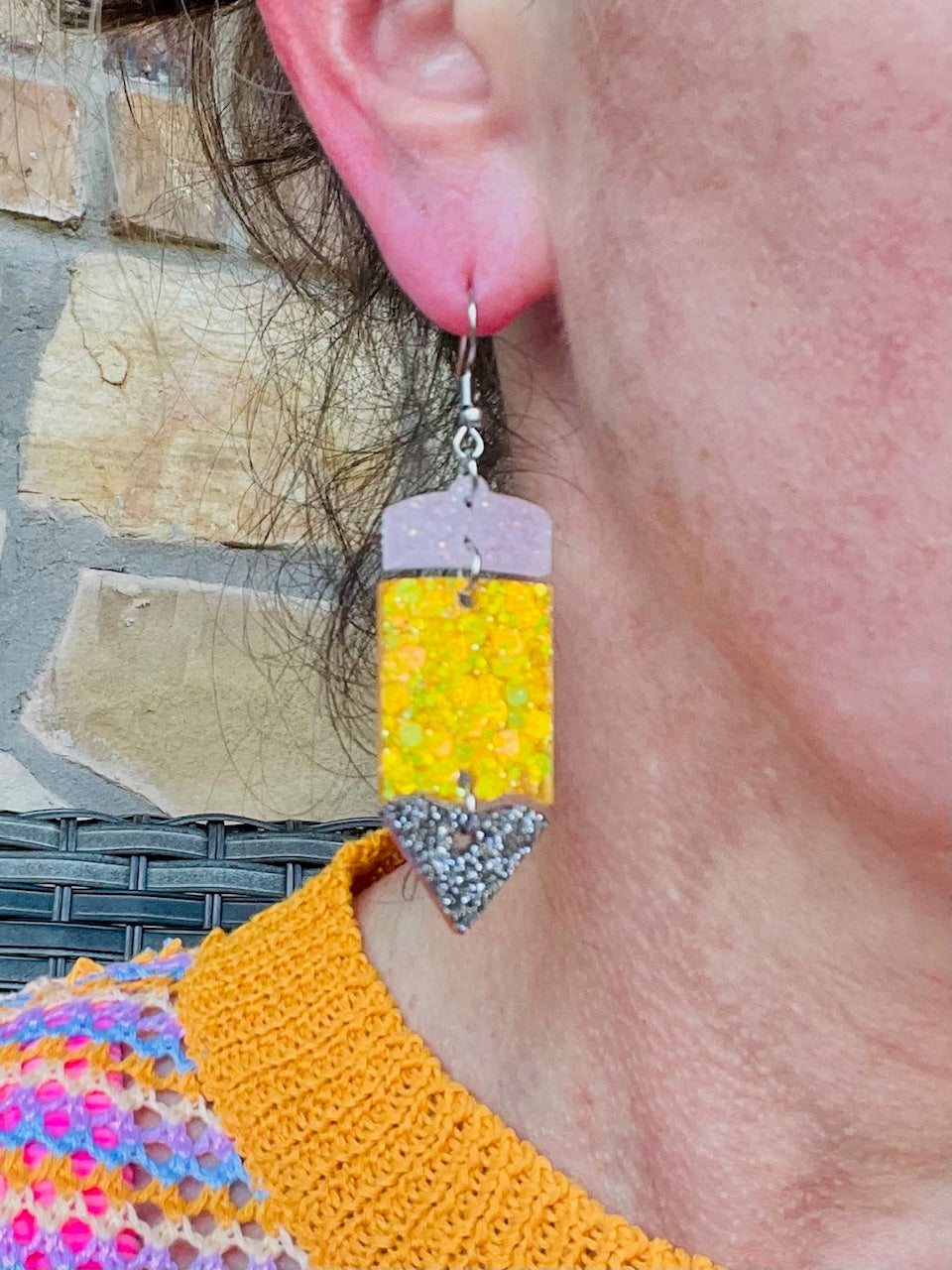Dangling pencil glitter resin earrings