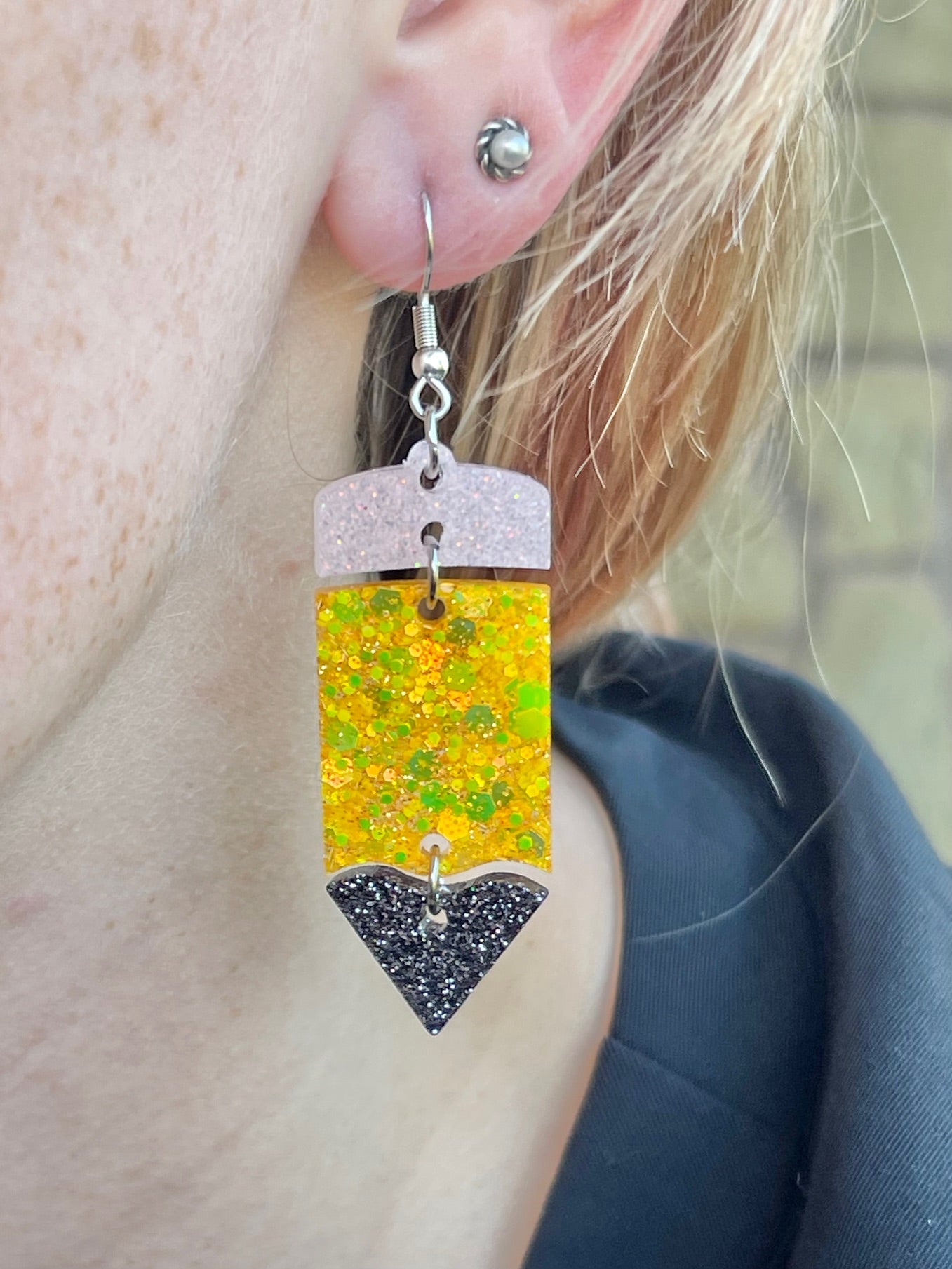 Dangling pencil glitter resin earrings