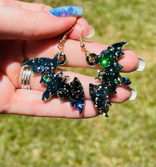 Halloween glitter resin bats - resin earrings - handcrafted