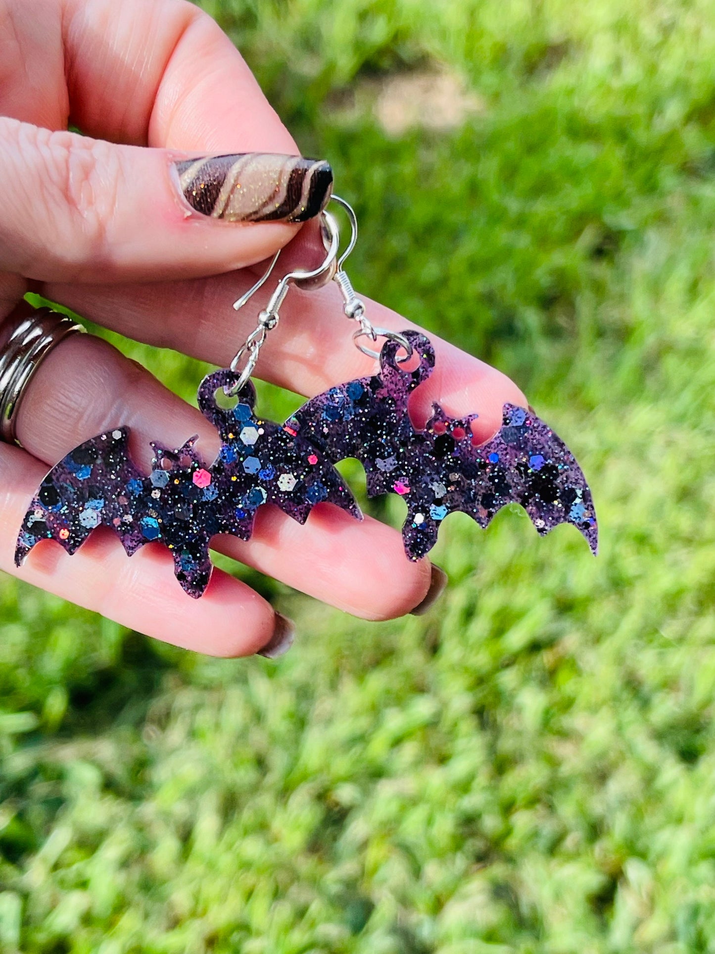 Halloween glitter resin bats - resin earrings - handcrafted