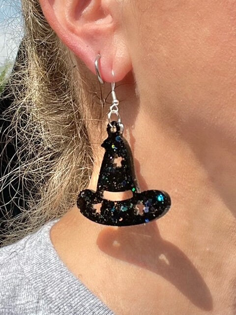 Halloween glitter witch's hats - witch hat resin earrings - handcrafted - handmade jewelry