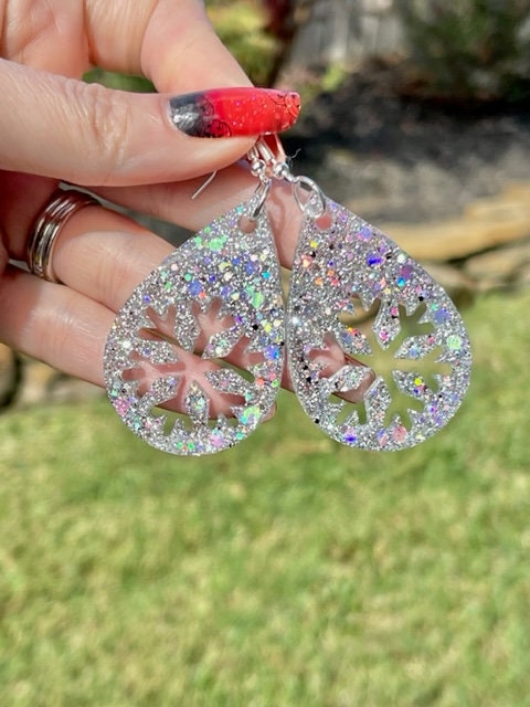 Teardrop Christmas Tree or teardrop Snowflake earrings- various colors
