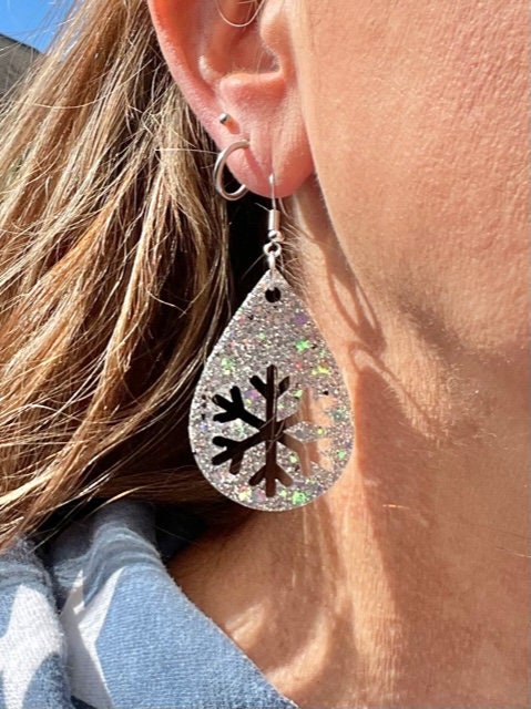 Teardrop Christmas Tree or teardrop Snowflake earrings- various colors