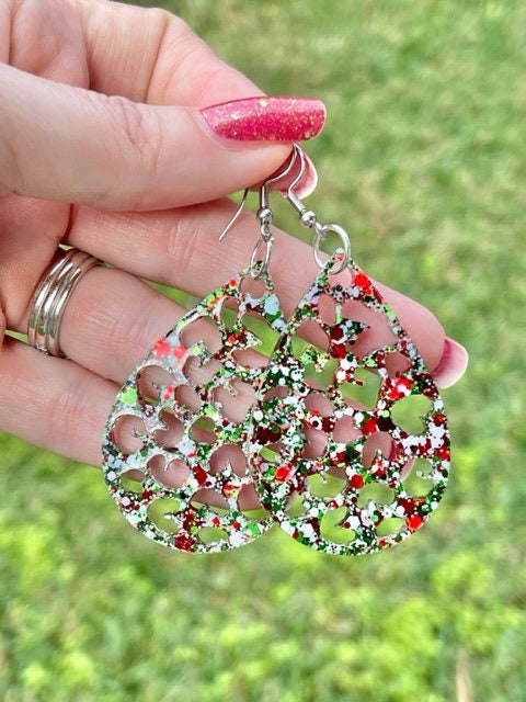 Teardrop earrings - Christmas Tree/Snowflake/leopard print earrings- Xmas glitter mix