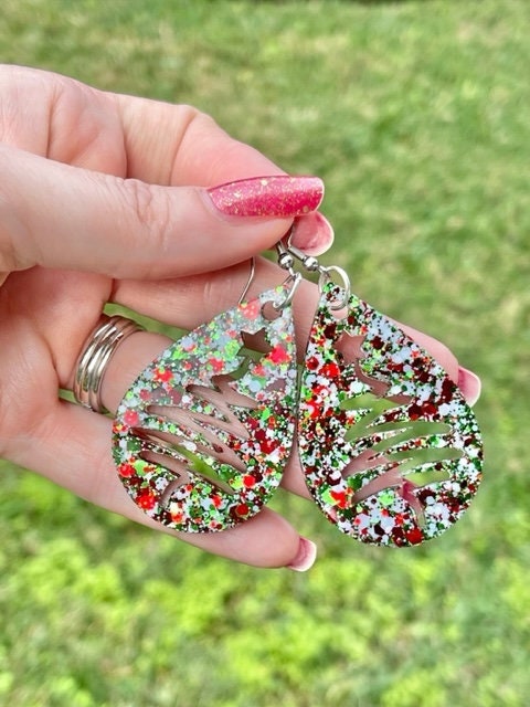 Teardrop earrings - Christmas Tree/Snowflake/leopard print earrings- Xmas glitter mix