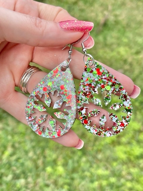 Teardrop earrings - Christmas Tree/Snowflake/leopard print earrings- Xmas glitter mix