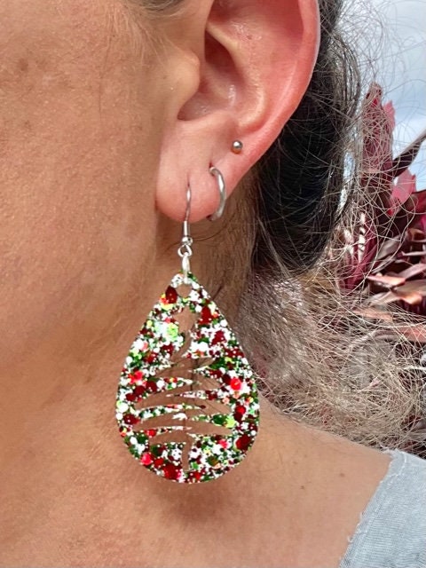 Teardrop earrings - Christmas Tree/Snowflake/leopard print earrings- Xmas glitter mix