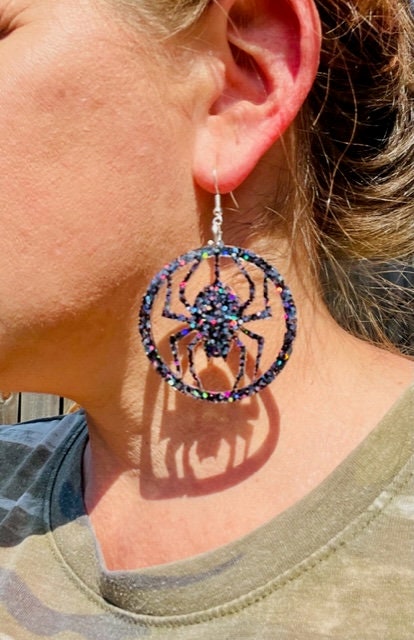 Large Halloween glitter spider hoop earrings -sparkly spider resin earring - handcrafted - handmade jewelry