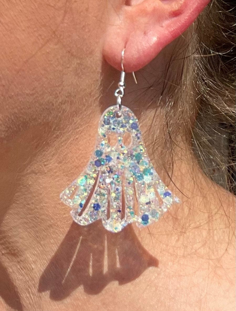Cute Halloween Ghost Earrings - Hauntingly Adorable!  Glitter resin handmade jewelry