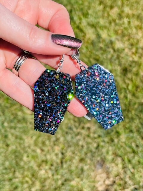 Halloween Coffin earrings - sparkly resin earring - handcrafted - handmade jewelry