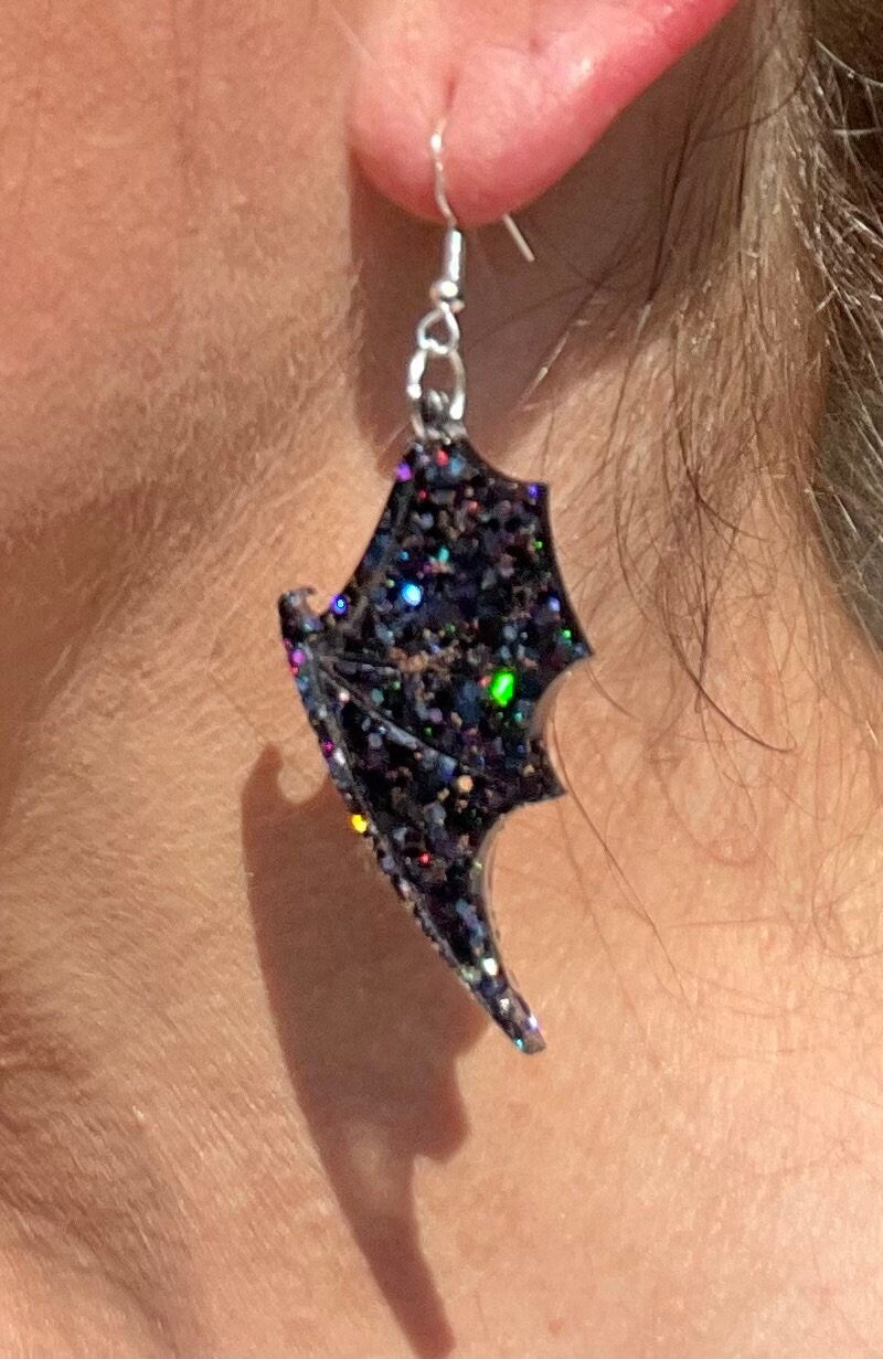 Bat wing earrings - sparkly Halloween resin earrings - handmade jewelry