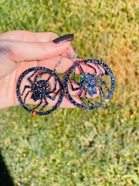 Large Halloween glitter spider hoop earrings -sparkly spider resin earring - handcrafted - handmade jewelry