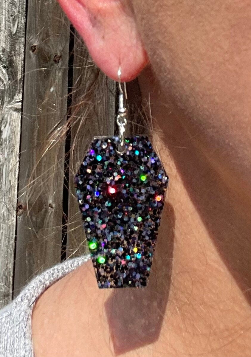 Halloween Coffin earrings - sparkly resin earring - handcrafted - handmade jewelry