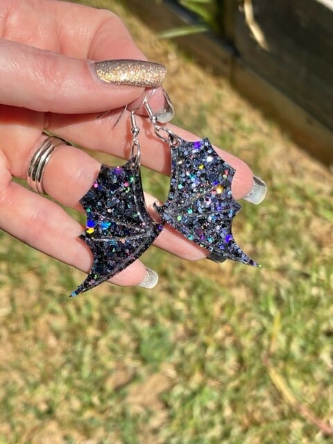 Bat wing earrings - sparkly Halloween resin earrings - handmade jewelry