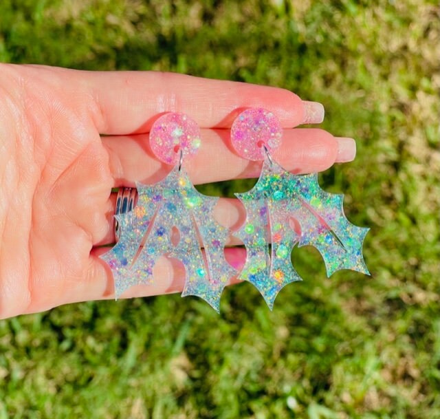 Holly Berry Earrings - sparkly holly earring - Perfect for Holiday Parties - traditional and pastel colors