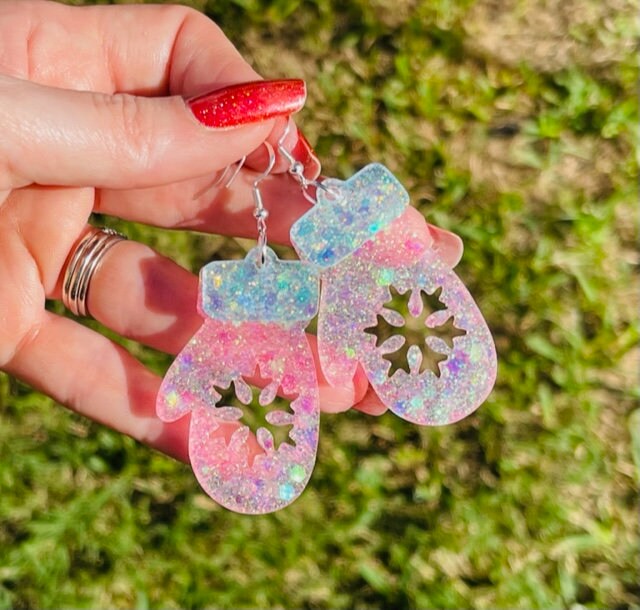 Christmas Mittens resin earrings - traditional & pastel colors