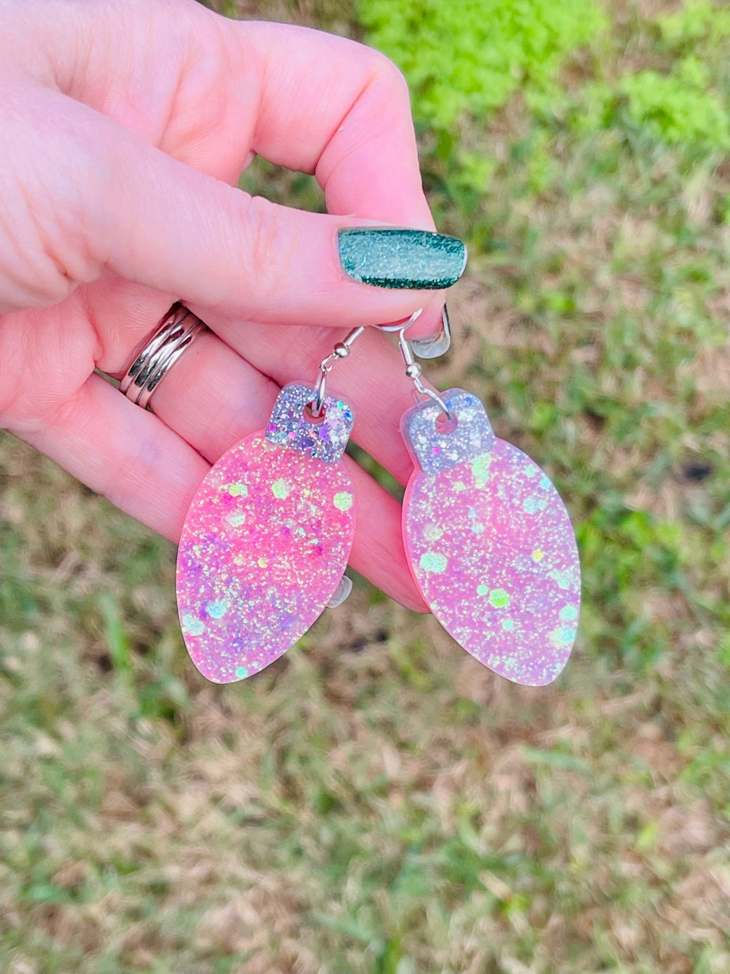Christmas bulb resin earrings- pink lightbulb earring - Xmas light jewelry