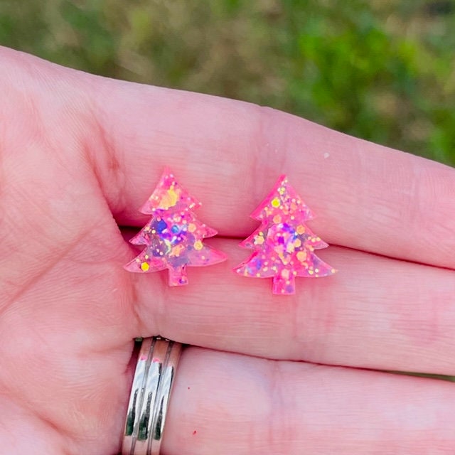 Christmas tree stud earrings- Multiple colors available - Xmas resin jewelry