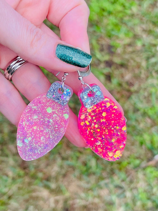 Christmas bulb resin earrings- pink lightbulb earring - Xmas light jewelry