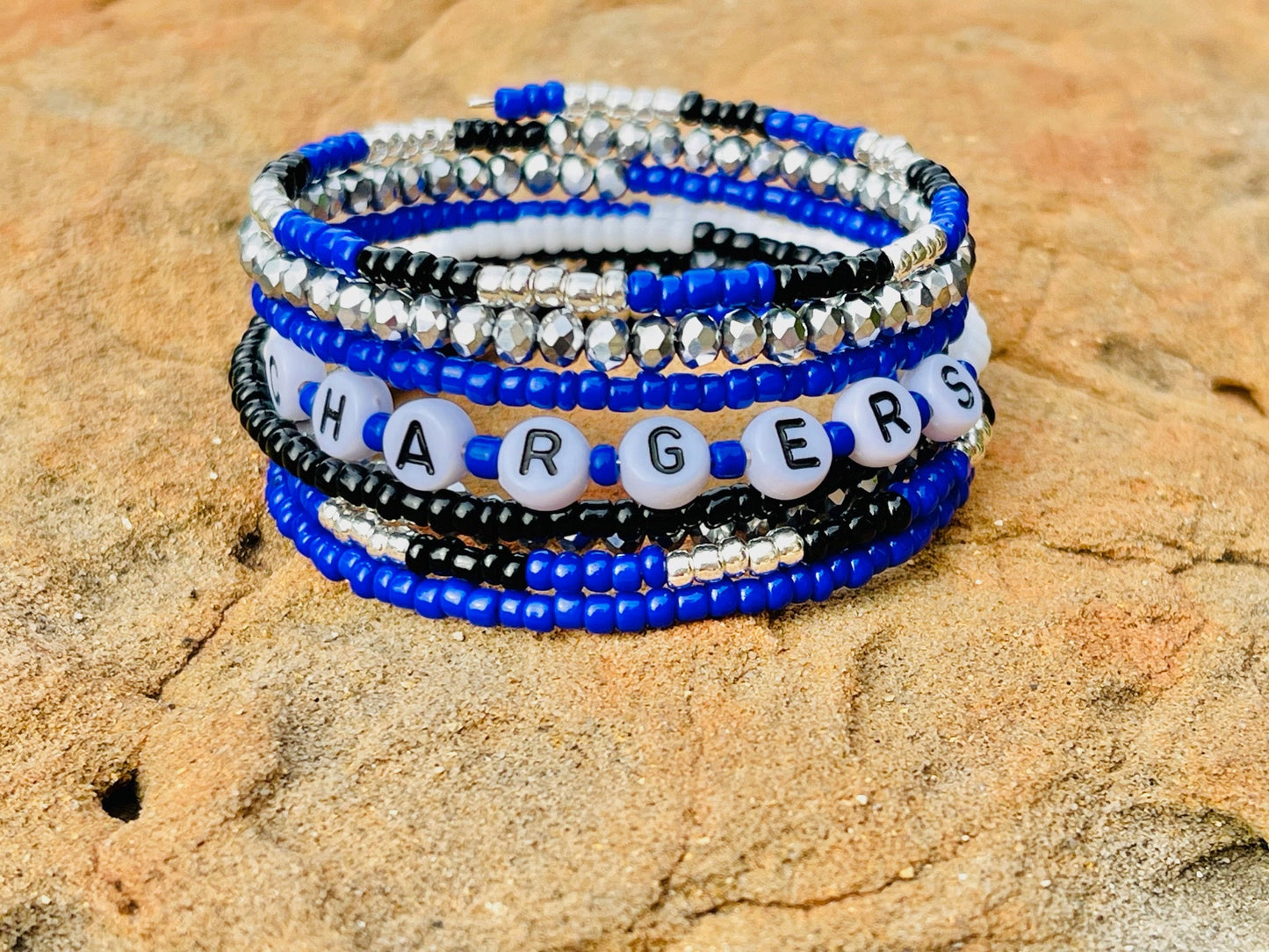 Personalized custom 7 loop beaded memory wire wrap bracelet with team name/choice of word(s)