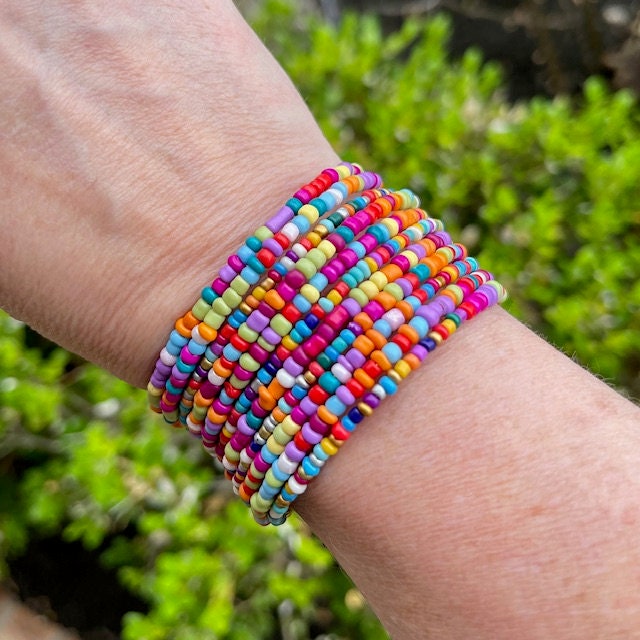 Multicolor hand-beaded memory wire wrap cuff bracelet