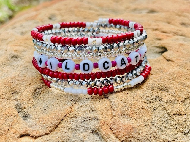 Personalized custom 7 loop beaded memory wire wrap bracelet with team name/choice of word(s)
