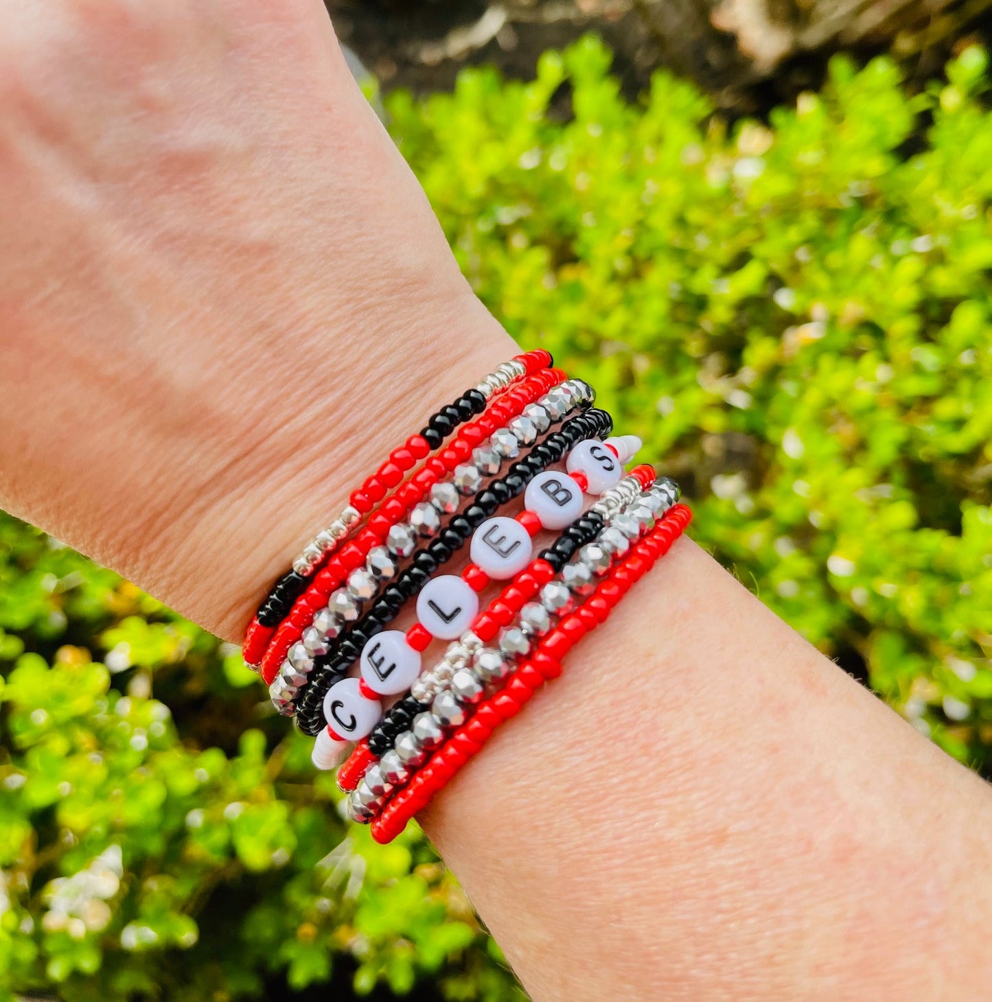 Personalized custom 7 loop beaded memory wire wrap bracelet with team name/choice of word(s)