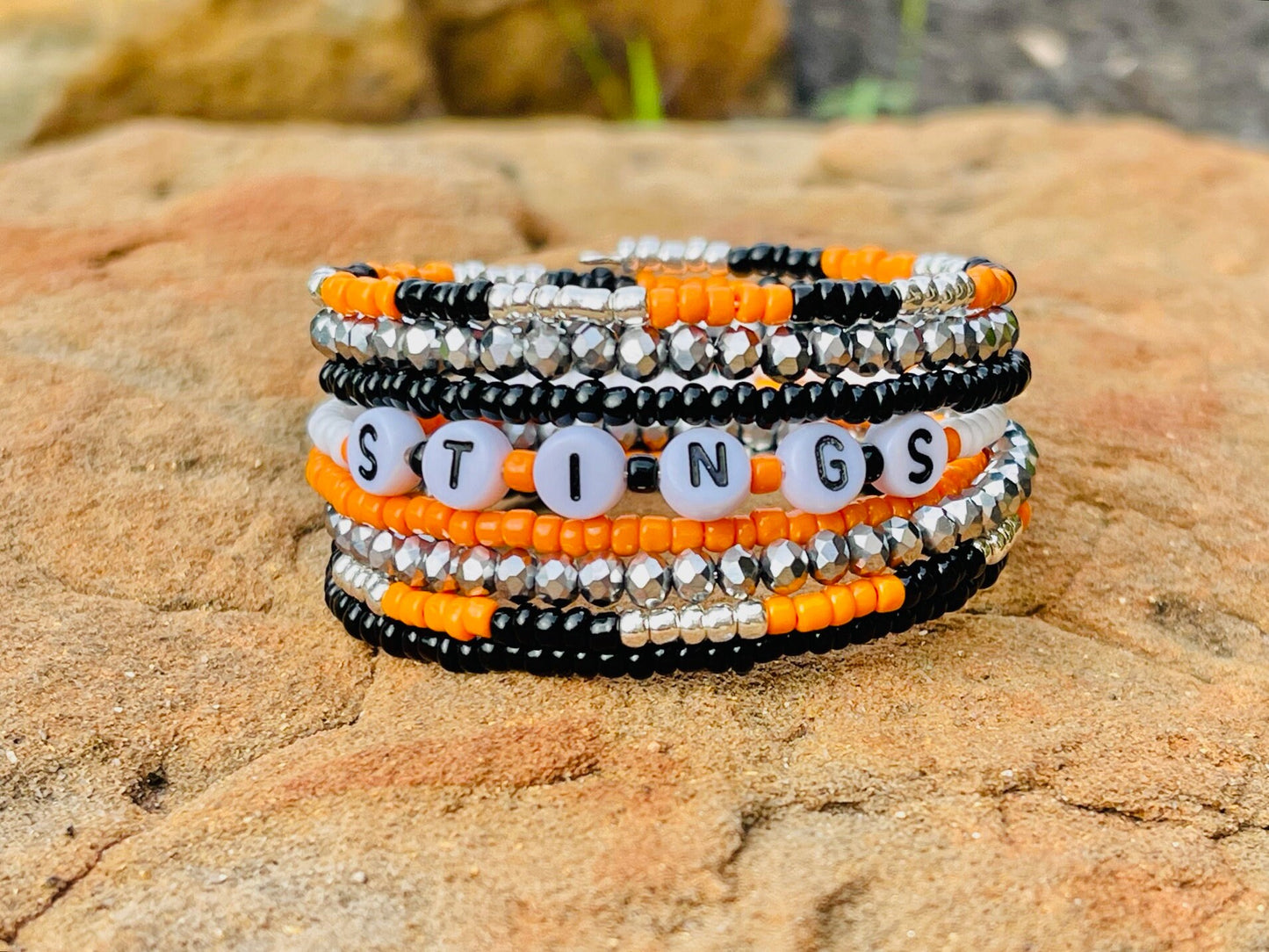 Personalized custom 7 loop beaded memory wire wrap bracelet with team name/choice of word(s)