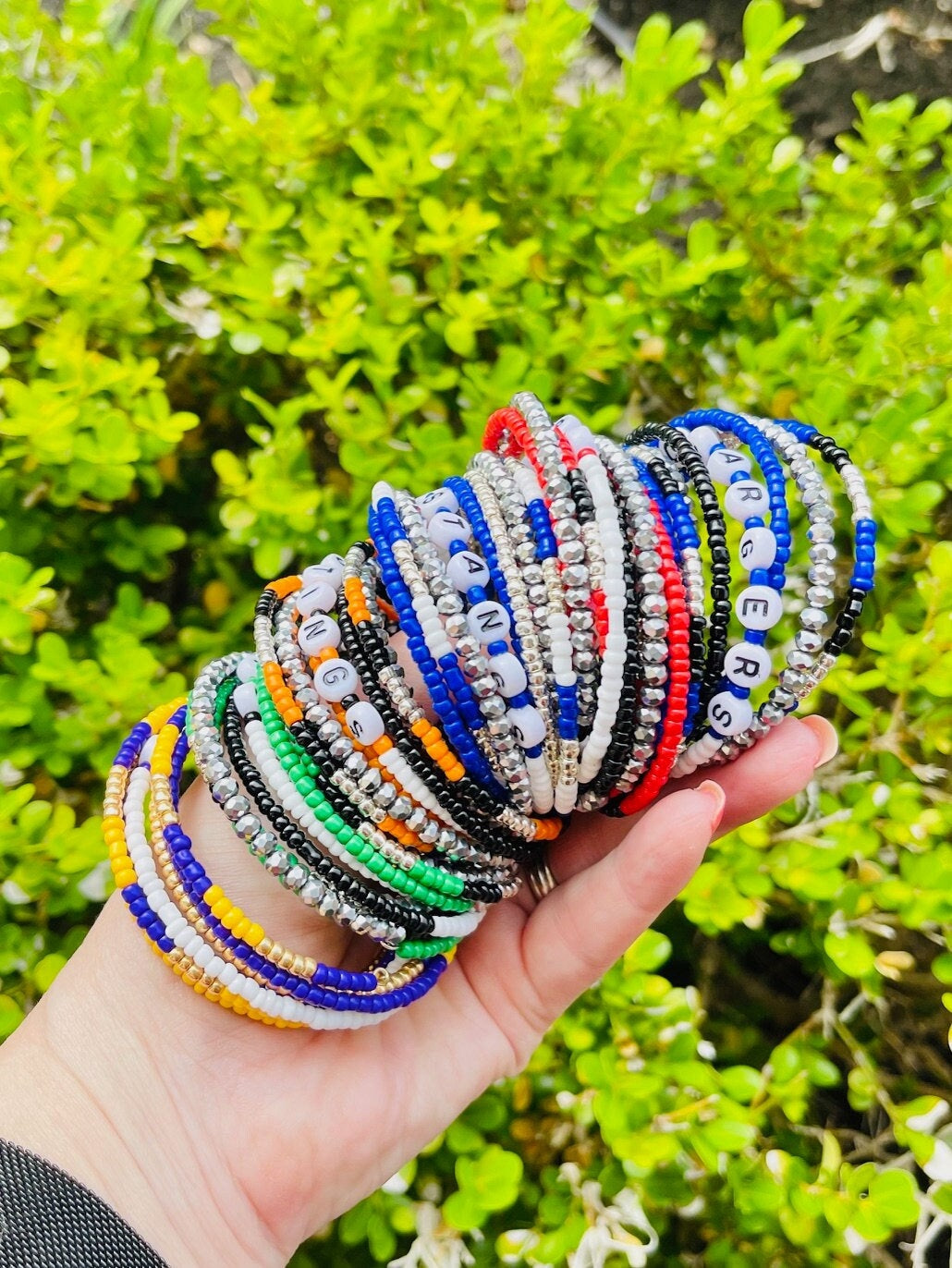 Personalized custom 7 loop beaded memory wire wrap bracelet with team name/choice of word(s)
