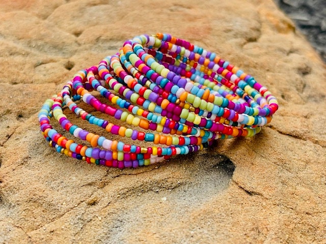 Multicolor hand-beaded memory wire wrap cuff bracelet