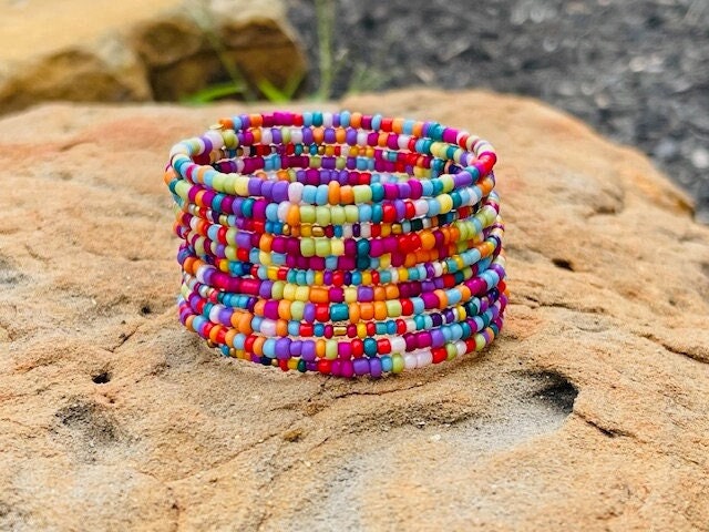 Multicolor hand-beaded memory wire wrap cuff bracelet