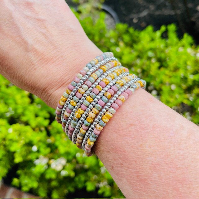 Earthtone colored memory wire beaded wrap cuff bracelet - Picasso Beads